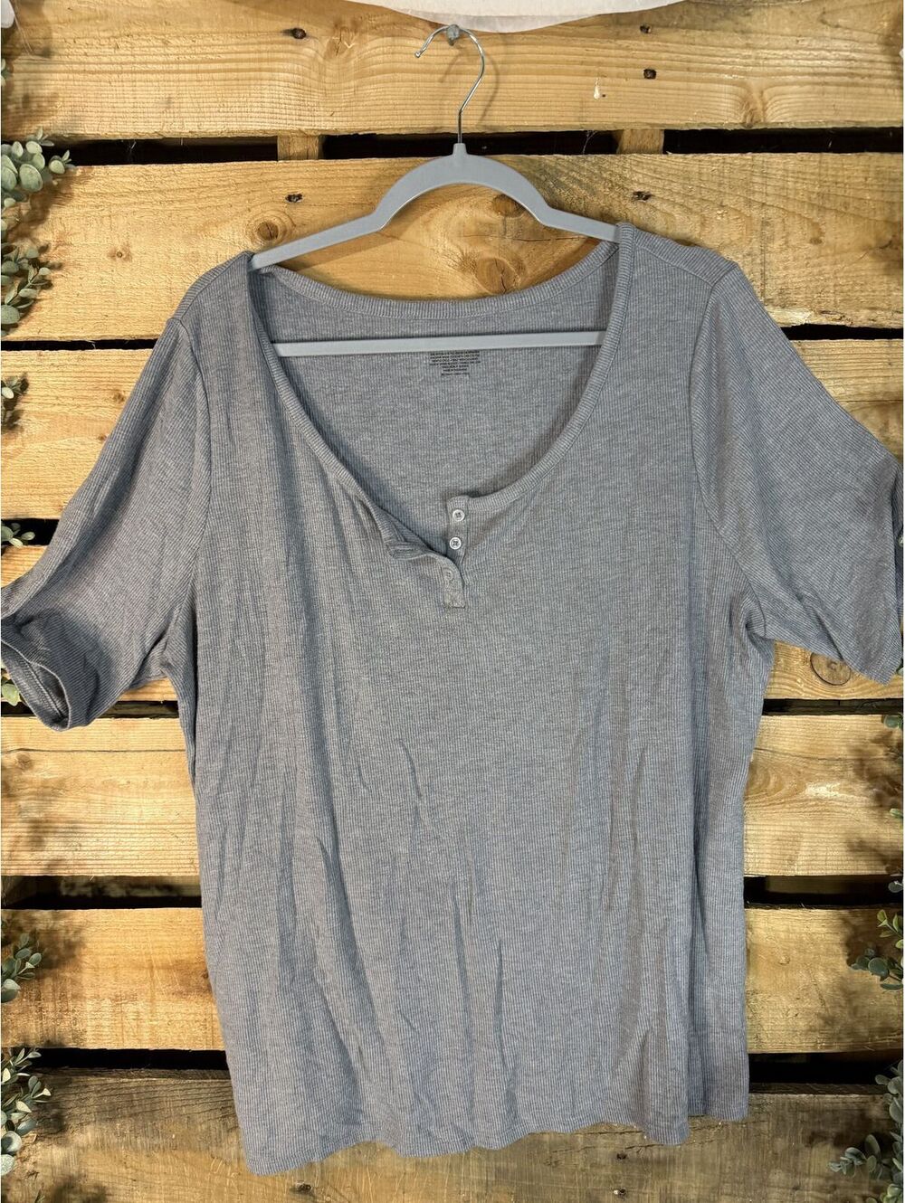 Lane Bryant Gray Ribbed Short Sleeve Henley Top Size 14/16